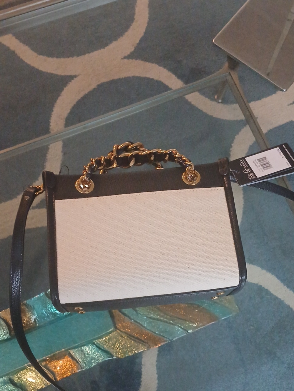 Karl Lagerfeld Black & Cream Canvas Satchel with Gold Chain Handles - Picture 6 of 6
